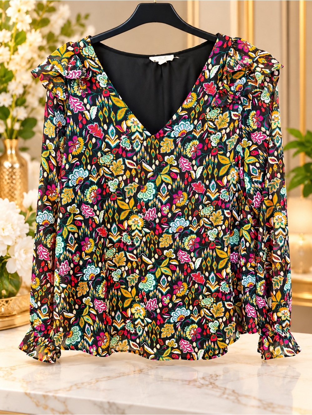 easel Black Floral V-Neck Ruffle Shoulder Blouse